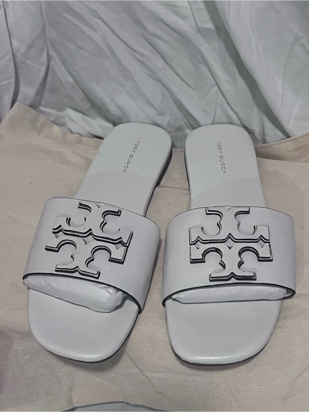 Tory Burch White Leather Logo Slide Sandals